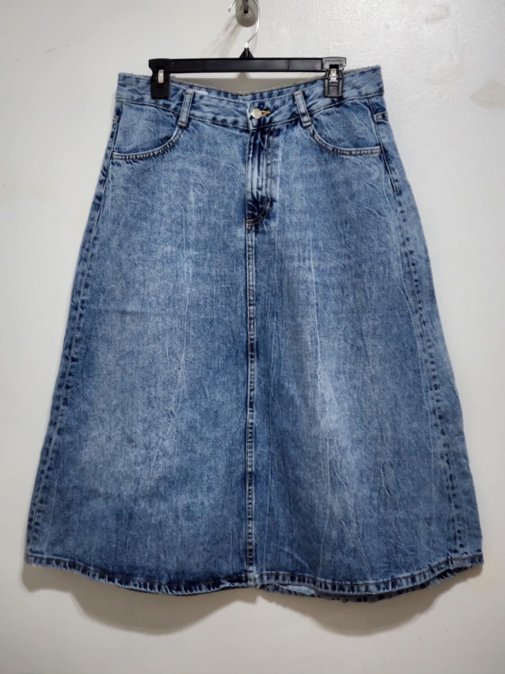 Zara Blue Washed Denim A-Line Midi Skirt Size L Modest Casual Chic